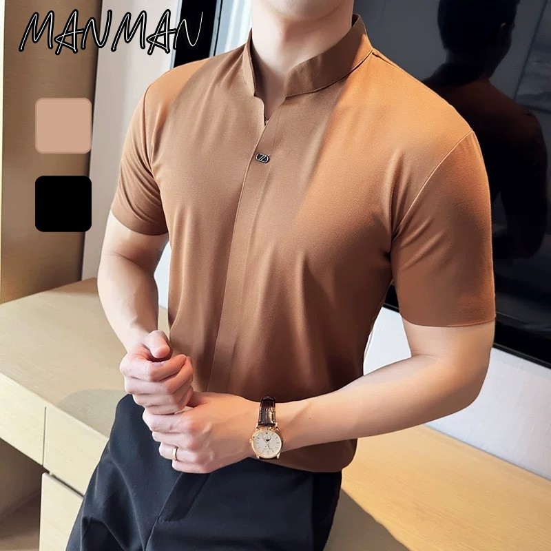 M＆M เสื้อโปโลผู้ชายฤดูร้อน แขนสั้นผู้ชาย เข้ารูป สุภาพบุรุษ ผ้าแห้งเร็ว สไตล์ธุรกิจผู้ใหญ่