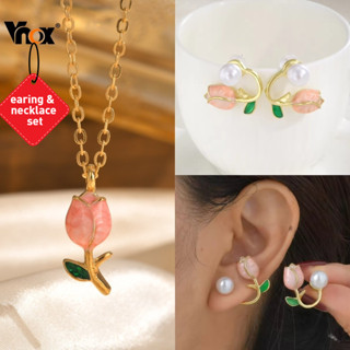VNOX วีน็อกซ์ ทิวลิปต่างหูมุกชุดสร้อยคอสําหรับผู้หญิง,สร้อยค…