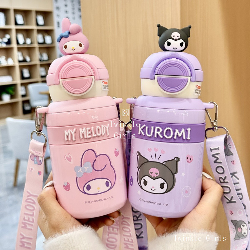 แก้วเก็บความเย็นคู่ Kuromi Cinnamoroll ของแท้พร้อมสายรัด แก้วน้ำสแตนเลส 316 สำหรับเด็ก My Melody Poc