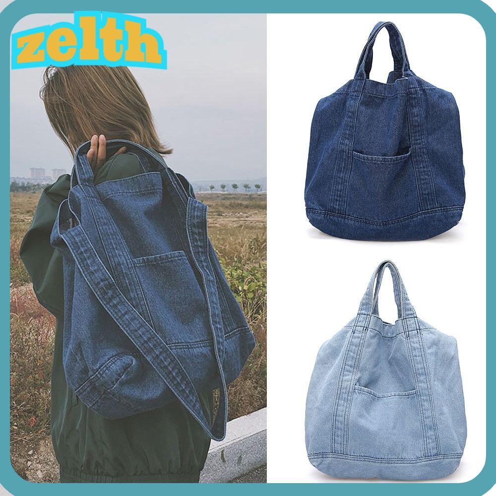 Zelth กระเป๋าสะพายไหล่ผู้หญิงผ้ายีนส์ลําลอง สไตล์ญี่ปุ่น Crossbody ความจุสูง พร้อมหูหิ้ว