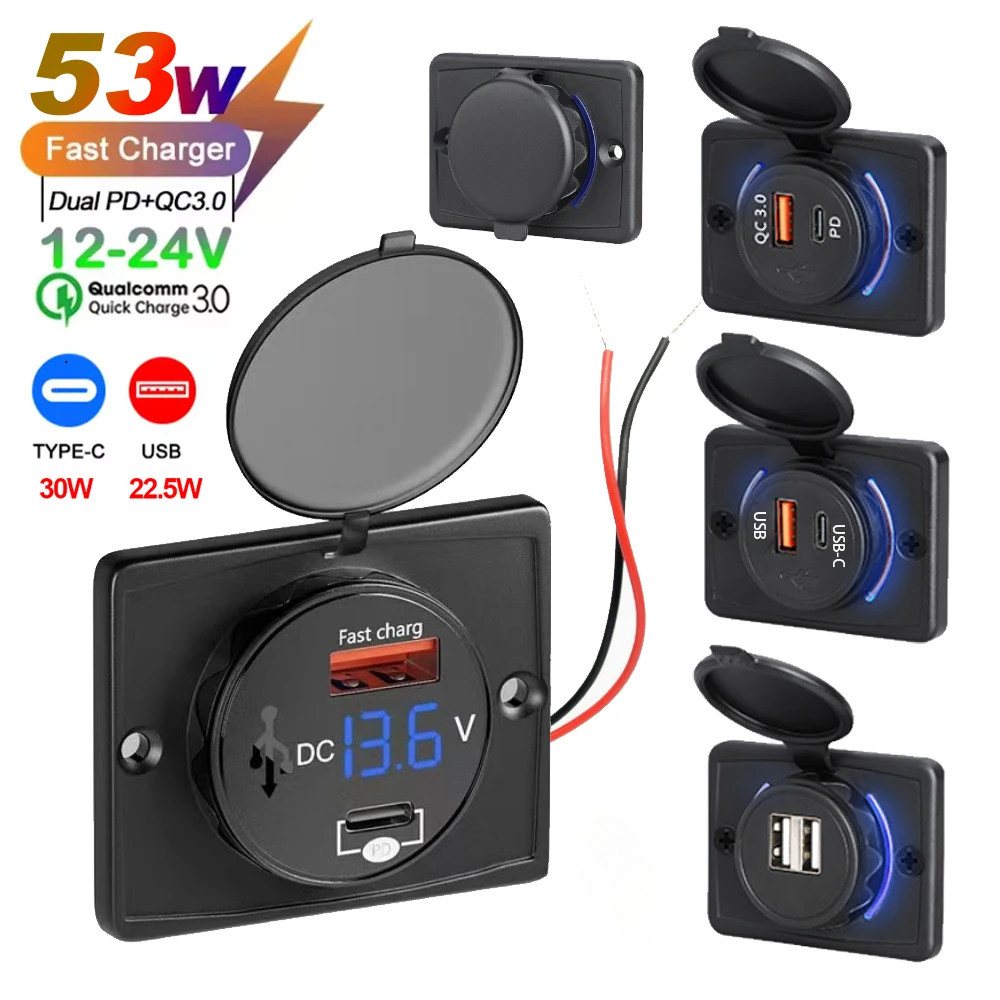 12v/24v QC3.0 USB PD Fast Charger พร้อมฝาปิดกันน้ํา Fast Charging ไฟ LED USB Charger สําหรับรถยนต์เรือรถบัสและ RVS