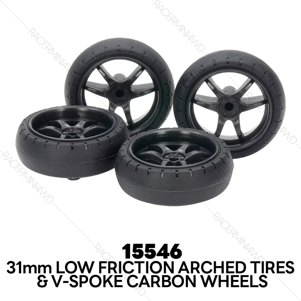 TAMIYA 15546 31mm Low Friction Arched Tires & Carbon Wheels (V-Spoke)