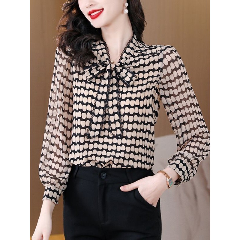 แฟชั่นเสื้อเชิ้ตแขนยาวผ้าชีฟองสไตล์เกาหลีฤดูใบไม้ผลิฤดูใบไม้ร่วงใหม่ โบว์ผูก ลายจุด คอวี น้ำหนักเบา ระบายอากาศได้ หรูหรา เรียบง่าย หลวม สบาย ใช้งานได้หลากหลาย - รูปที่ 4