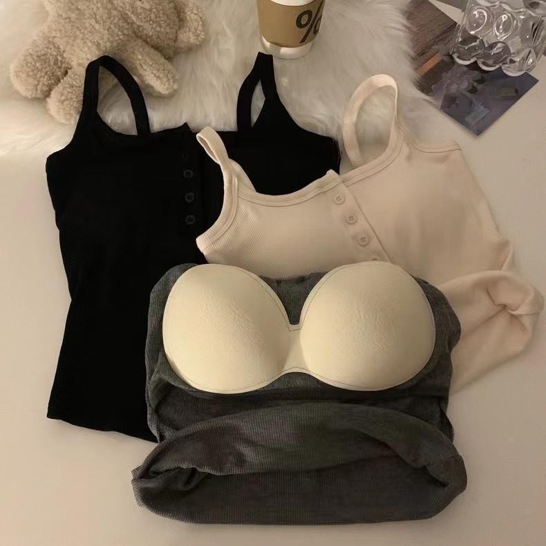 Phalicia เสื้อสายเดี่ยว สายเดี่ยวผู้หญิง แนวน่ารัก แต่งกระดุม มีฟองน้ำเย็บติด ใสสบาย ผ้านุ่ม Clothing Women สีเทา - รูปที่ 3