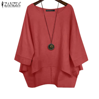 ZANZEA ซานเซีย ผู้หญิงวินเทจย้อนยุคลําลองรอบคอ3/4แขนด้านหน้าสั้นกลับยาวเสื้อ