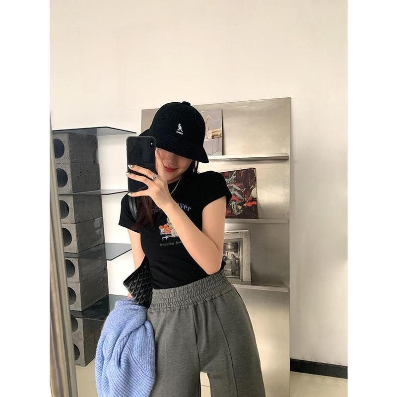 เสื้อยืดผ้าฝ้ายพิมพ์ลายไหล่สตรีฤดูร้อน แขนสั้น คอกลม ทรงสลิมฟิต - รูปที่ 5