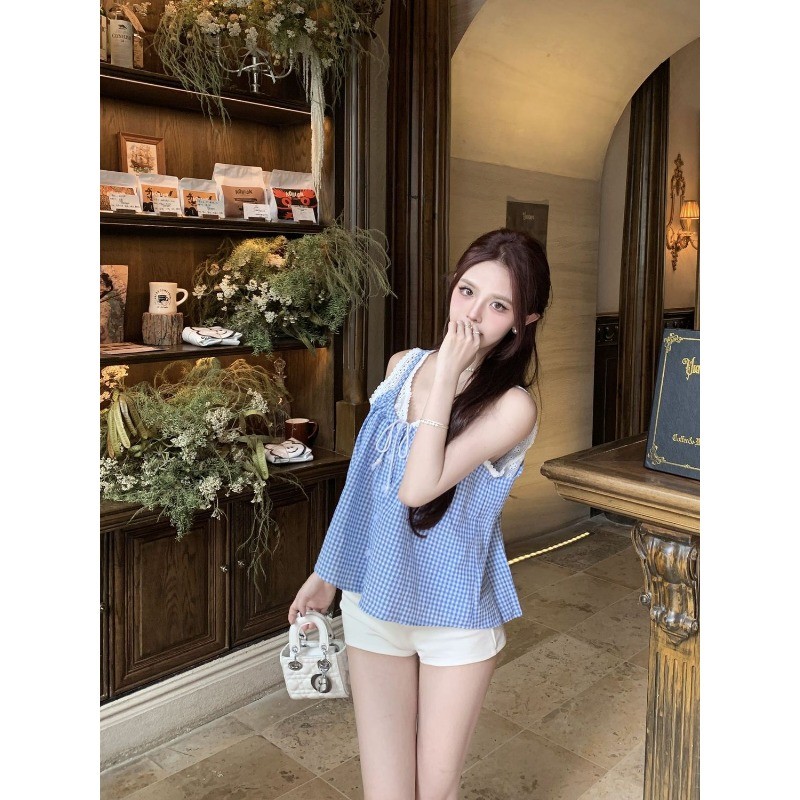 LINNA~ลูกไม้ คอวี เสื้อเชิ้ต ตาหมากรุก เวอร์ชั่นเกาหลี สไตล์ใหม่ สไตล์หวาน - รูปที่ 7