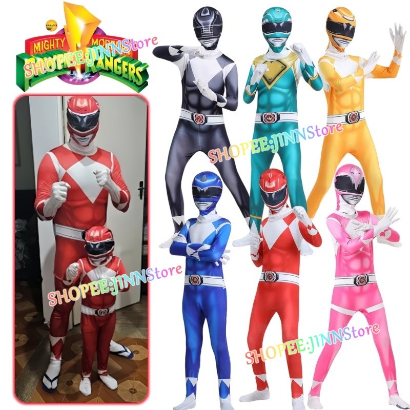-JINN-MIGHTY MORPHIN POWER RANGERS คอสเพลย์เครื่องแต่งกาย Superhero POWER RANGERS Jumpsuit Zentai ชุ