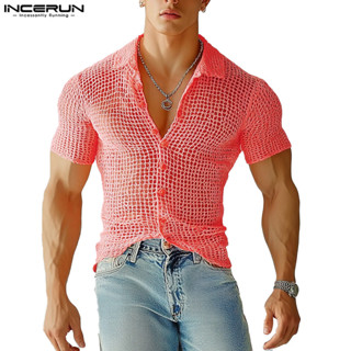 INCERUN Men Vintage Streetwear Turn-Down-Collar Short Sleeve…