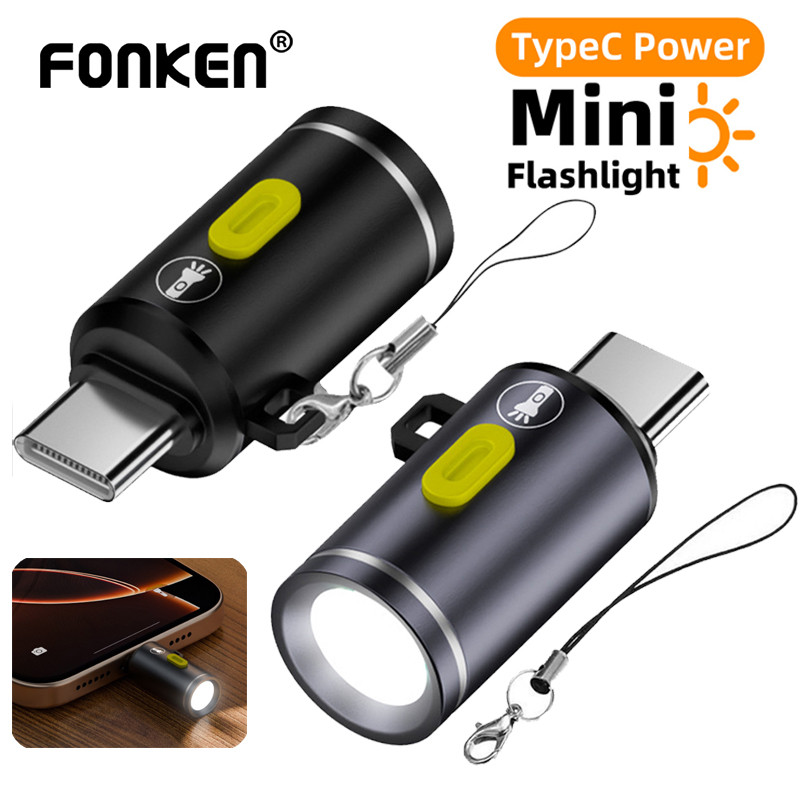 Fonken Type-C LED ไฟฉายขนาดเล็กพ็อกเก็ตพวงกุญแจไฟฉายขนาดเล็ก Strong Light สําหรับเดินป่ากลางแจ้ง Camping อุปกรณ์เสริม