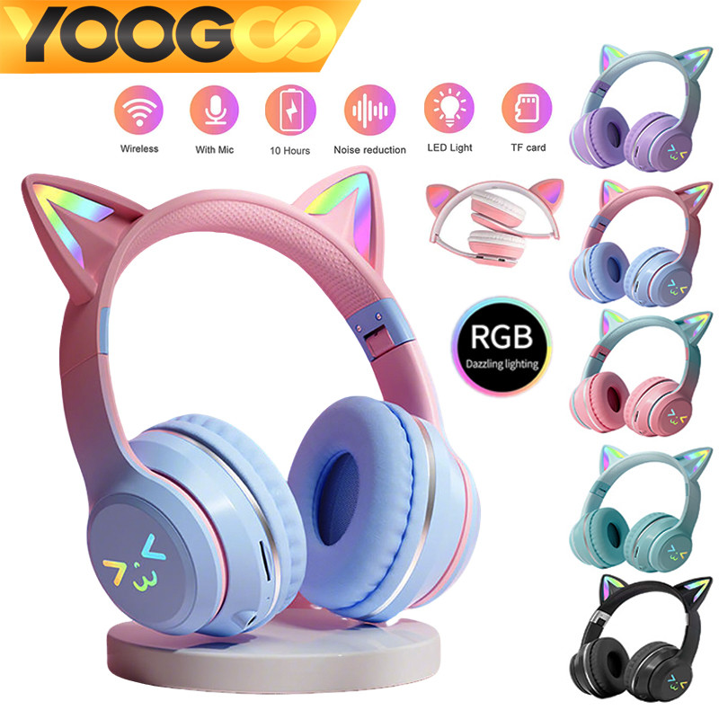 YOOGOO หูฟังแมวมีไฟ หูฟังบลูทูธครอบหู หูฟังบลูทูธไร้สาย พับได้เสียง4Dลดเสียงรบกวน ชาร์จUSB ใช้ได้ทั้งคอมและมือถือ