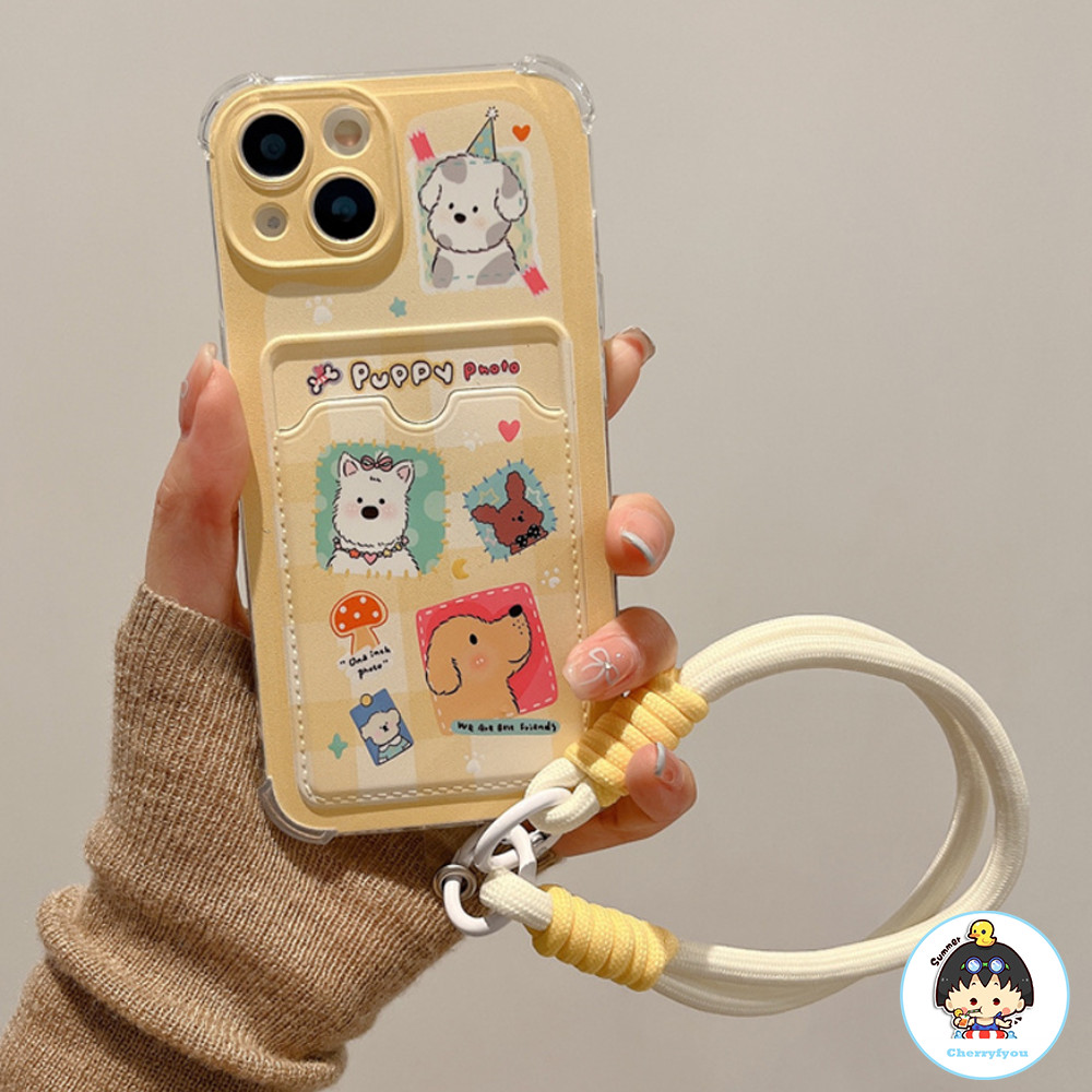 น่ารักการ์ตูนลายสก๊อตลูกสุนัขผู้ถือบัตรทอเชือกเส้นเล็กเคสโทรศัพท์สําหรับiphone 16 15 14 13 12 11 Pro Max X XR 8 7 Plusฝุ่นDrop-proof Soft TPUปกหลัง