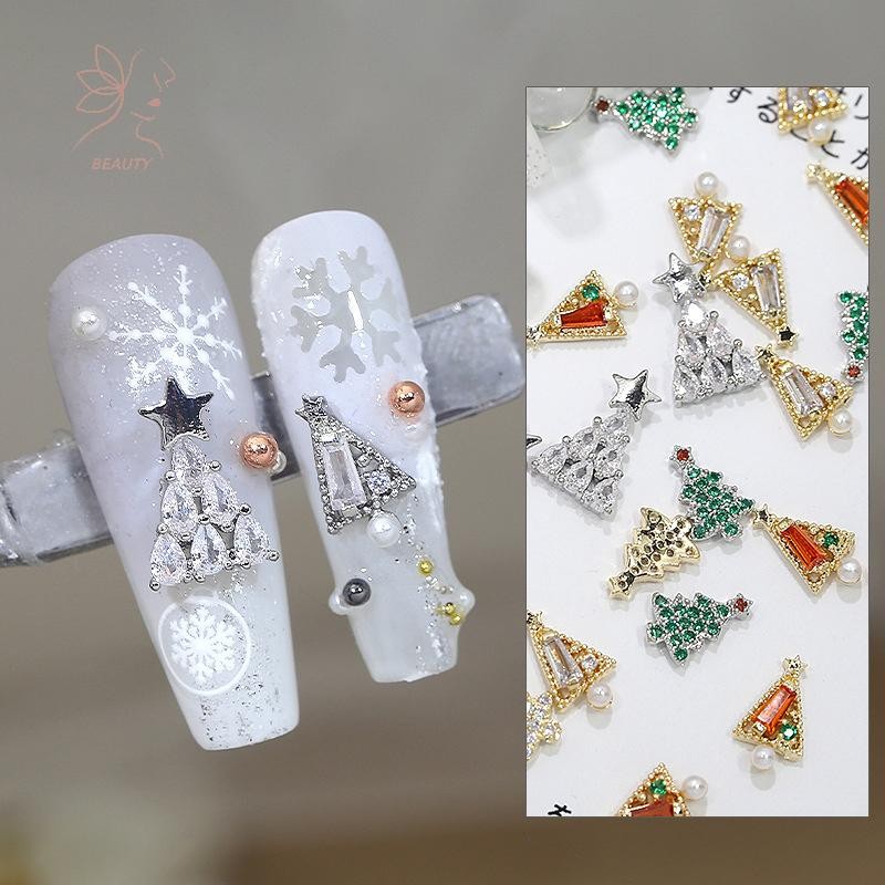 [maybeauty] 1pc Xmas Ch Sparkle Full Zircon Christmas Tree Pearl Diamonds Alloy Nail Art Rhinestones Jewellery ตกแต่งแต่งเล็บ {TH}
