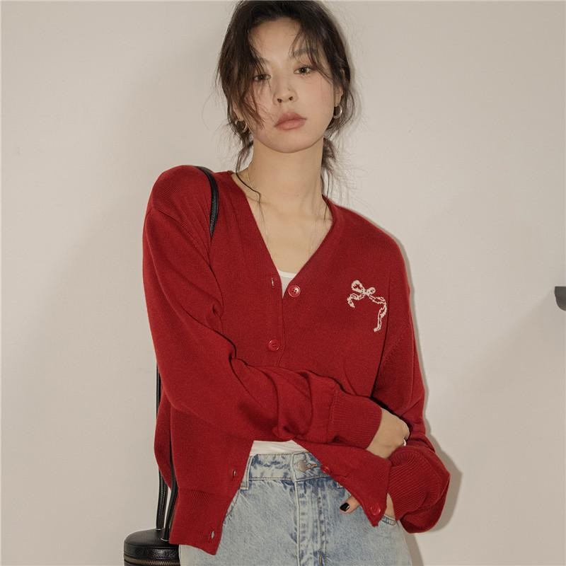 Grace คาร์ดิแกนถักแขนยาวคอวีสไตล์เกาหลีแต่งโบว์เสื้อแจ็คเก็ตไหมพรมผู้หญิง นางสาว Outfits Clothing #Z050
