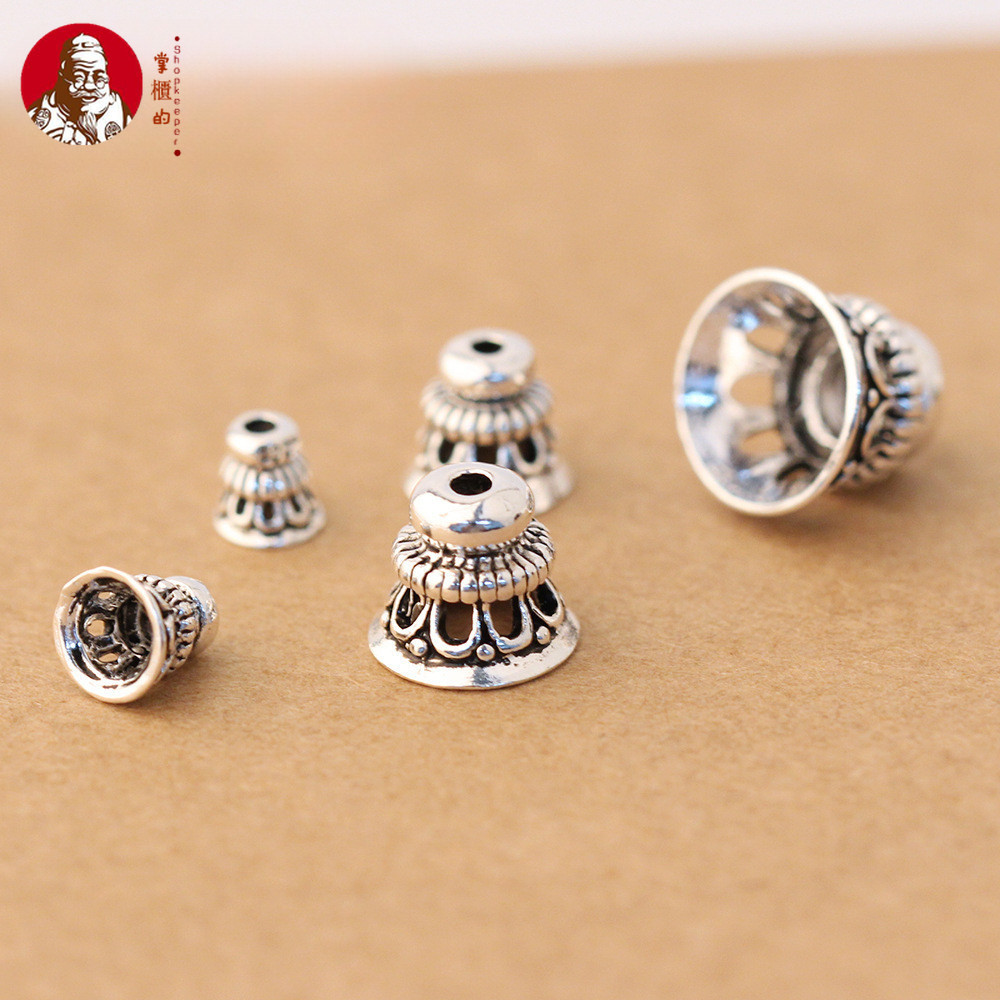 S925 เครื่องประดับเงิน DIY อุปกรณ์เสริม Retro Distressed เงินไทย Hollow Pagoda สร้อยข้อมือพู่หมวก