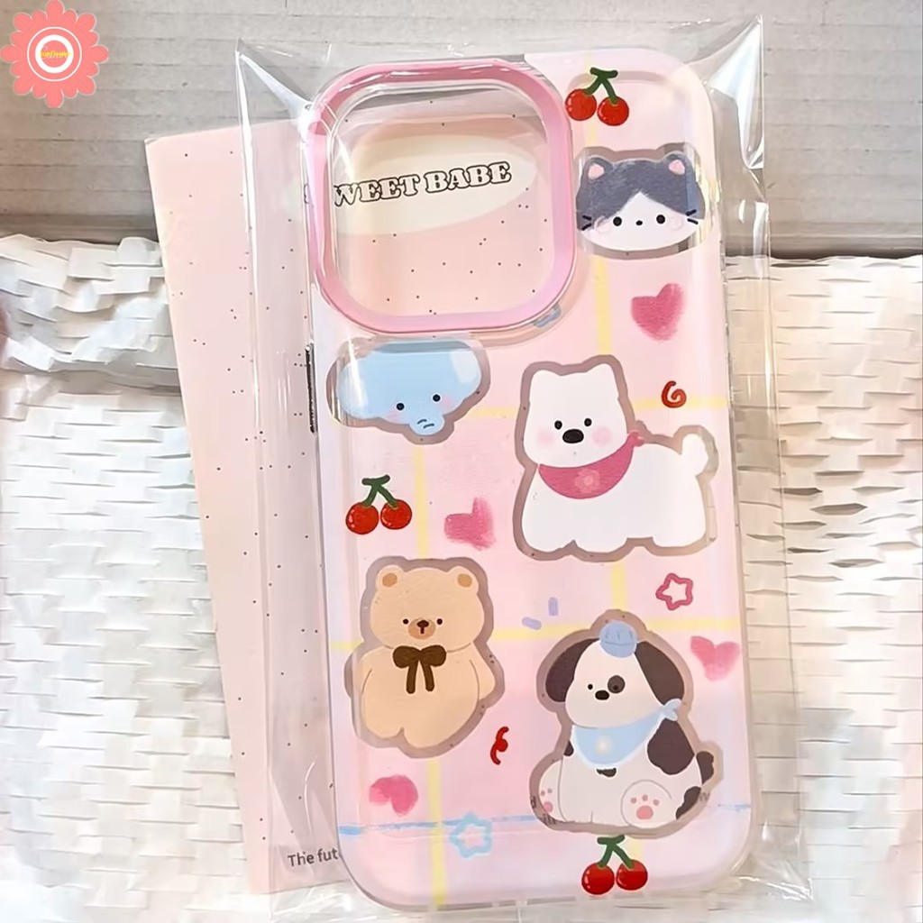 Cbacktive การ์ตูนสัตว์น่ารักลูกสุนัขหมีแมวเชอร์รี่สําหรับ IPhone 11 13 16 14 15 12 Pro Max 7Plus X XR 8 16 15 7 14 Plus XS Max SE 2020 แบรนด์อินเทรนด์เคสใส