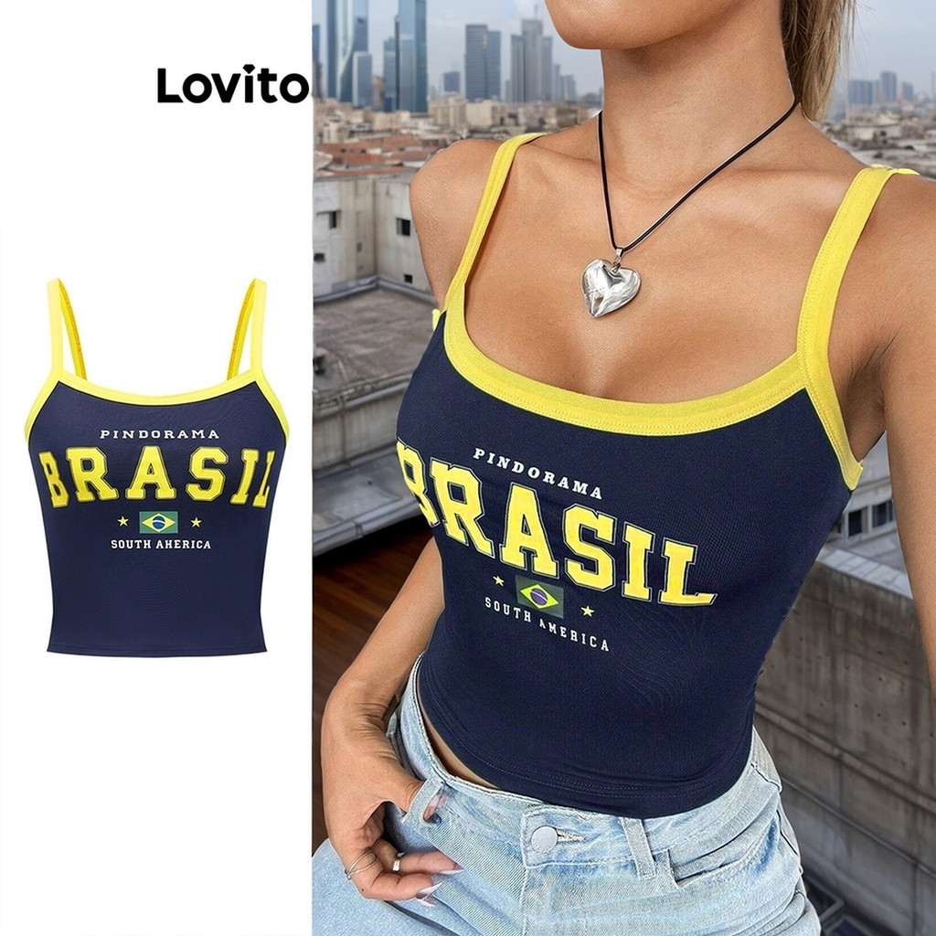 Lovito เสื้อสายเดี่ยวผู้หญิง ลายตัวอักษร คัลเลอร์บล็อก สไตล์ลำลอง L88AD040