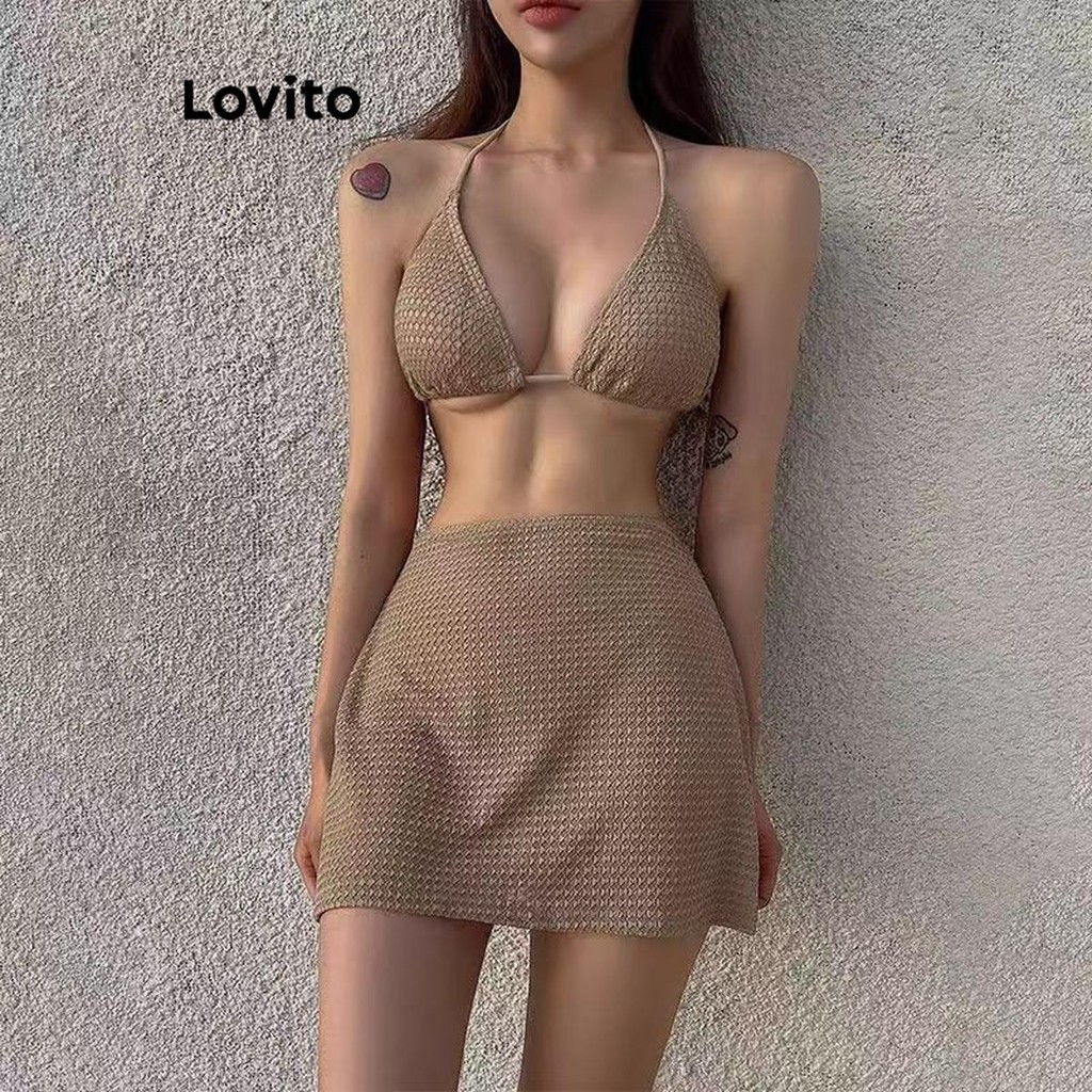 Lovito ชุดบิกินี่ผู้หญิง ผูกหลัง สีพื้น สไตล์เซ็กซี่ LNM67026