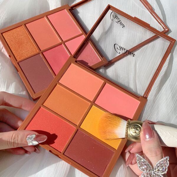 ที่ปัดแก้ม สีปัดแก้ม Gudina 6 Blush Palette Set พร้อม Peach & Pumpkin Yellow 6 Tanned Contour Palett