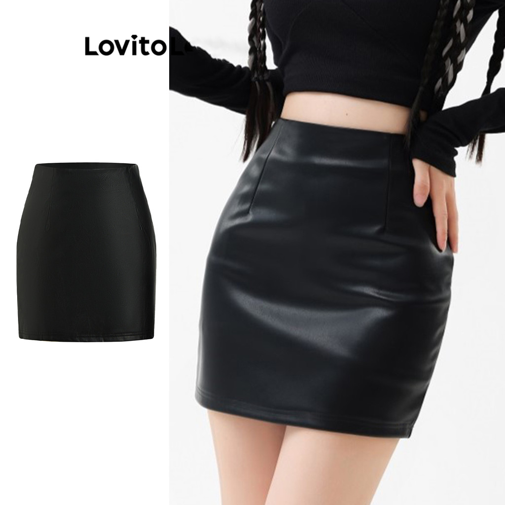 Lovito กระโปรงทรงเบสิกสีพื้นลำลองสำหรับผู้หญิง L108ED164