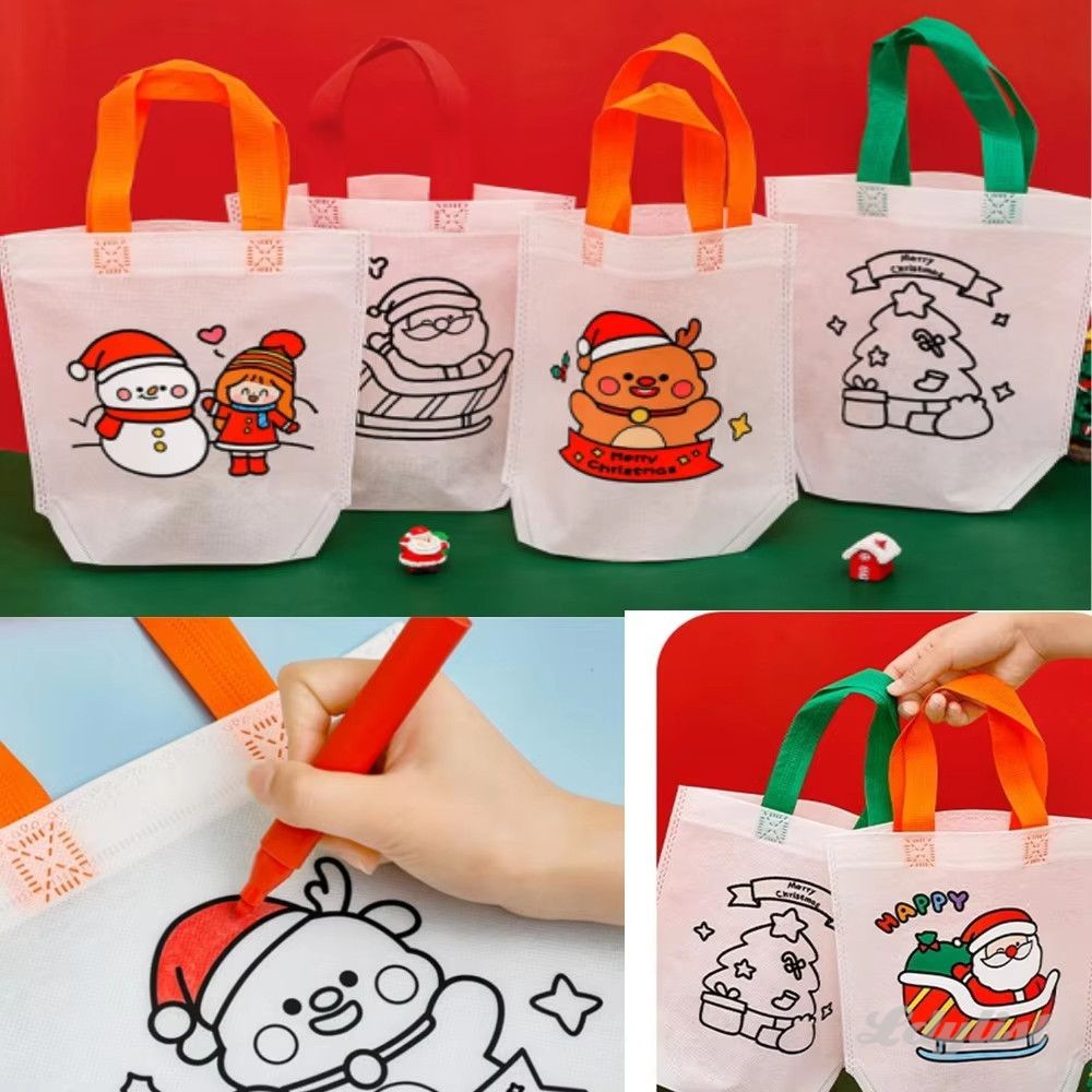 ღ กระเป๋าถือแบบไม่ทอสำหรับคริสต์มาส กระเป๋าถือผ้าใบลายกราฟิตี้ระบายสี DIY ถุงใส่ขนมแบบใช้ซ้ำได้ที่เป็นมิตรต่อสิ่งแวดล้อม ของตกแต่งคริสต์มาส
