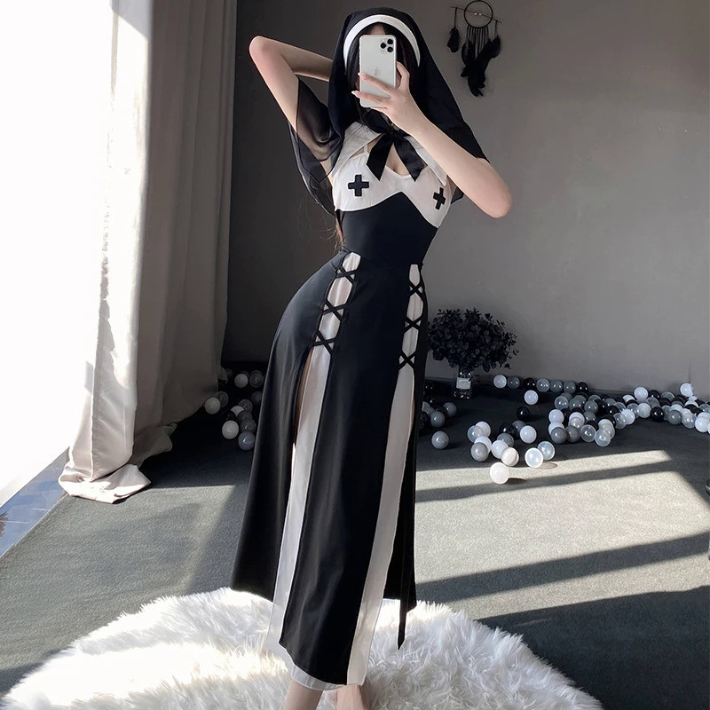 MnOJBK Historical Nun Cosplay Costume For Women Anime Maid Dresses Black white Nuns Exotic Sexy Ling