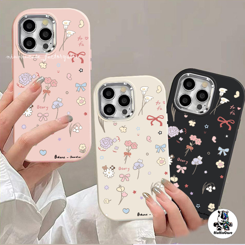 สําหรับ เคสไอโฟน11 เคส iPhone 14 13 12 11 15 16 PRO MAX XS XR 7P 8P 6P TPU โลหะไฟฟ้ากรอบกล้องที่เรียบง่ายดอกดอกไม้สีชมพู