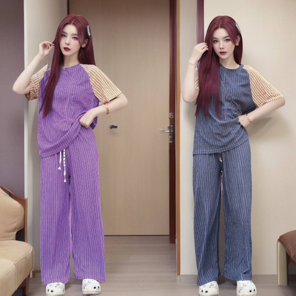 S176 ชุดเซ็ต 2 ชิ้น ผ้าทอฟฟี่ ผ้าเปลือกไม้ สีพื้น ลายทาง กางเกงมีเชือก ไม่มีกระเป๋าข้าง