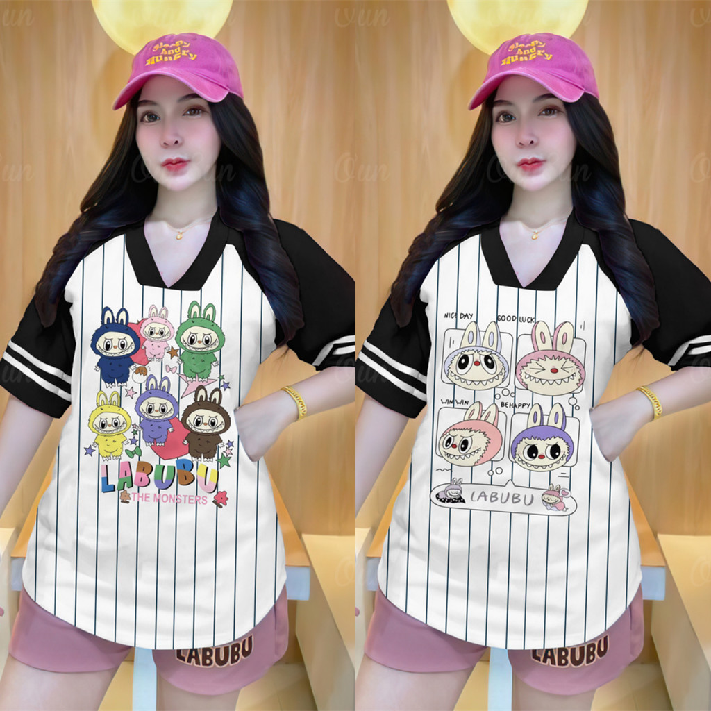 Labubu พรีเมี่ยมเสื้อ LADIES และ MENS/UNISEX V คอเสื้อพรีเมี่ยมขนาดใหญ่แขนสั้นผู้หญิงs เสื้อยืด LABUBU พิมพ์เสื้อยืด 2024 ผู้หญิงs เสื้อ