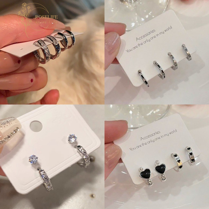 Roselife 4PCs/ชุด Minimalism เงินคริสตัลวงกลม Hoop ต่างหูสําหรับผู้หญิงหญิงทุกวันสวมใส่ Pick ฟรี Pierced รอบหูเครื่องประดับ