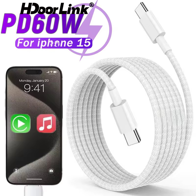 Hdoorlink สาย USB-C สําหรับ Aple 15 16 Pro Max 16Pro 16Plus Xiaomi Mi PD 60W Fast Charging Type C ทอผ้าอุปกรณ์เสริมสายเคเบิล