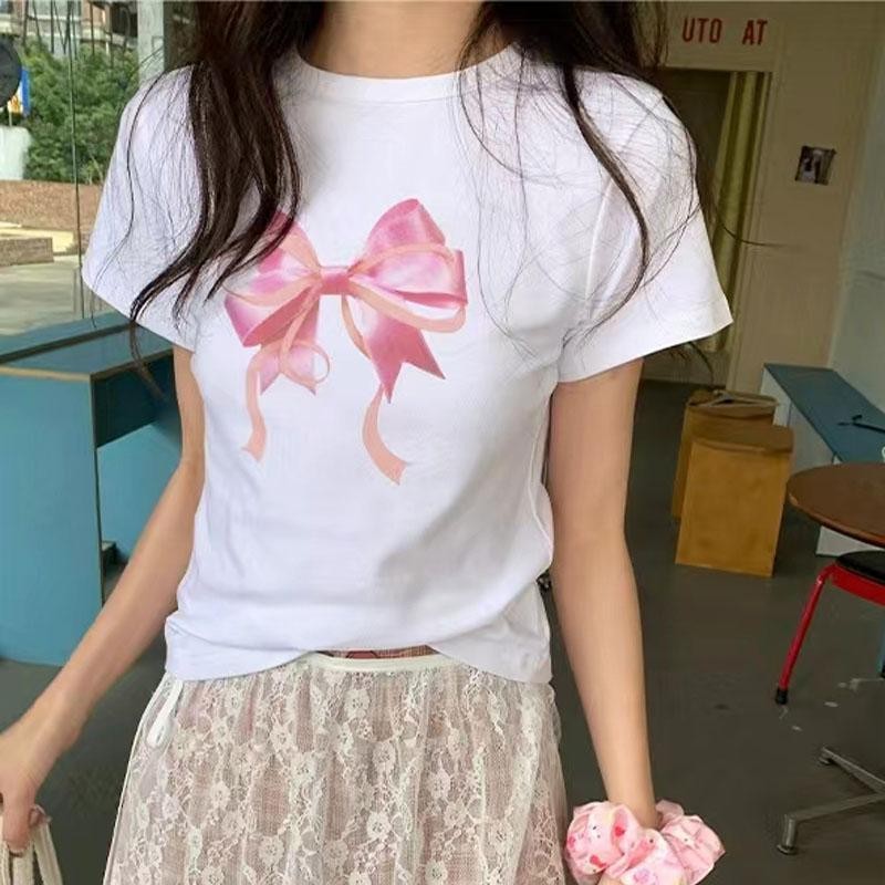 หวานน่ารักเสื้อยืดสีชมพูโบว์แขนสั้นพิมพ์บางเสื้อสำหรับผู้หญิงฤดูร้อน แฟชั่นเก๋ไก๋เสื้อยืด - รูปที่ 2
