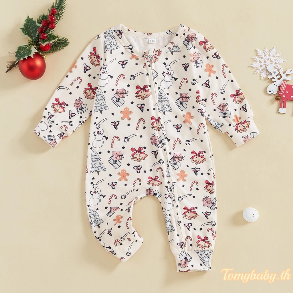 Tomybaby-ชุดรอมเปอร์คริสต์มาสสําหรับเด็กองค์ประกอบพิมพ์คอกลมแขนยาวจั๊มสูทฤดูใบไม้ร่วงสําหรับเด็กผู้หญิง