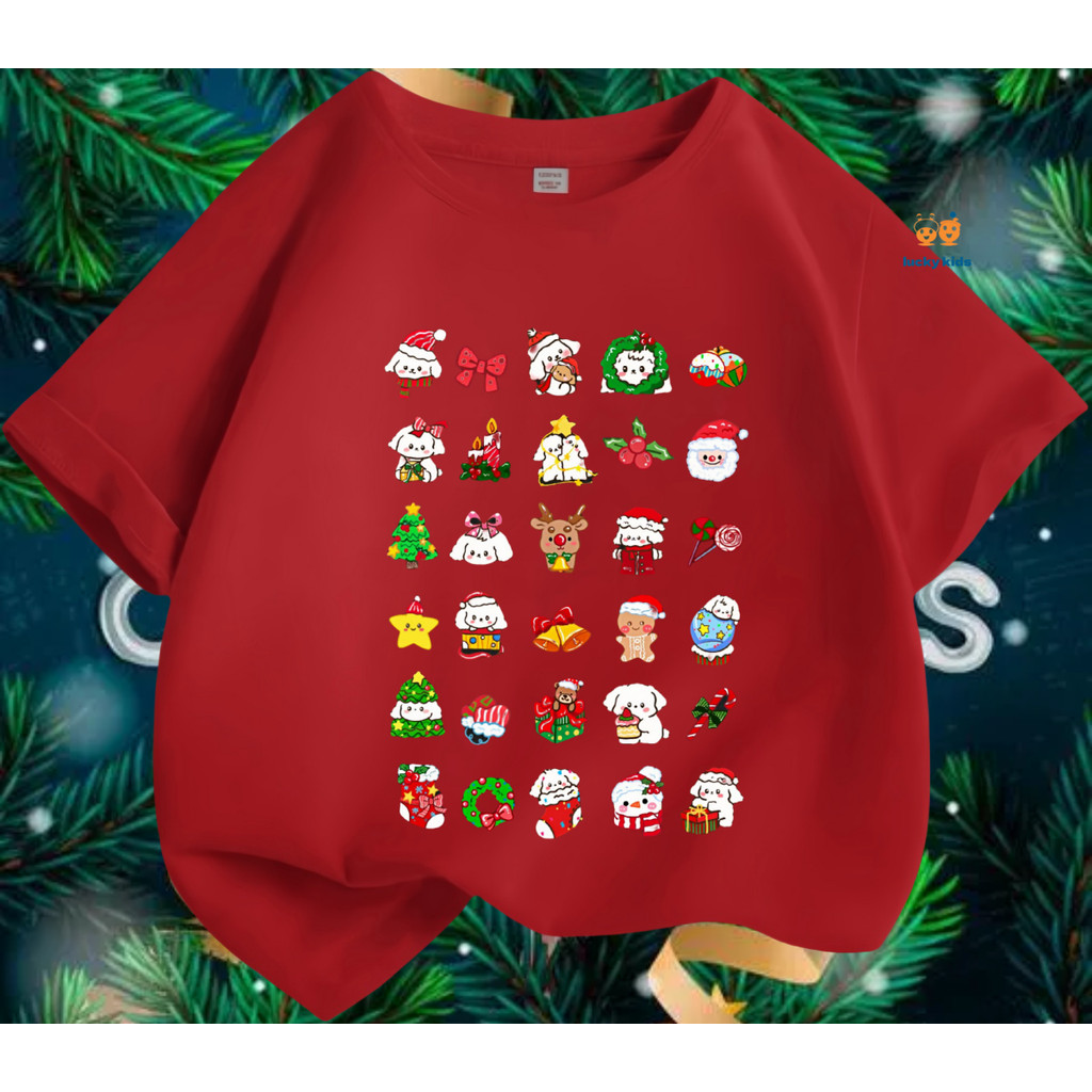 (Merry Christmas) เสื้อยืดคริสต์มาสเสื้อยืดเด็กของขวัญคริสต์มาสรูปแบบพวงหรีดคริสต์มาสอายุ 3 - 12 ปี LUCKY KIDS