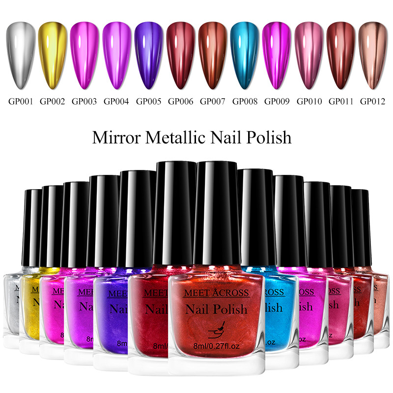 Meet ACROSS 8ml Mirror Effect ยาทาเล็บไม่มีเบเกอรี่ Quick Drying Tearable Metal Effect เล็บ Lacquer เล็บ