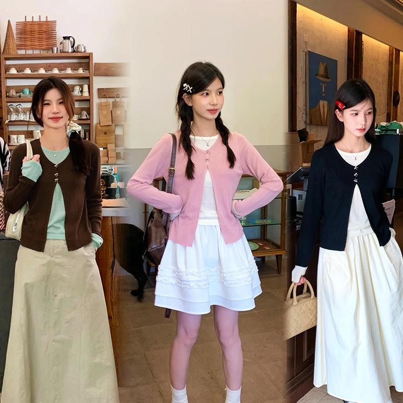 KOKO#เสื้อยืดทูโทนแขนยาว เสื้อยืดแขนยาวถัก ฤดูใบไม้ร่วงสไตล์บาง การออกแบบสองชิ้นปลอมสีตัดกัน #08067