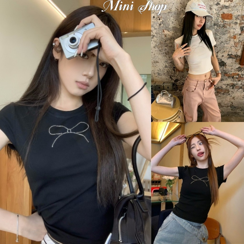 Mini shop🌸พร้อมส่ง🌸(FYT62)เสื้อครอปแขนสั้นน่ารักที่สุด คอกลม ดีเทลแต่งเพชรโบว์ สีพื้น เข้ารูป เสื้อยืดแฟชั่นเกาหลี