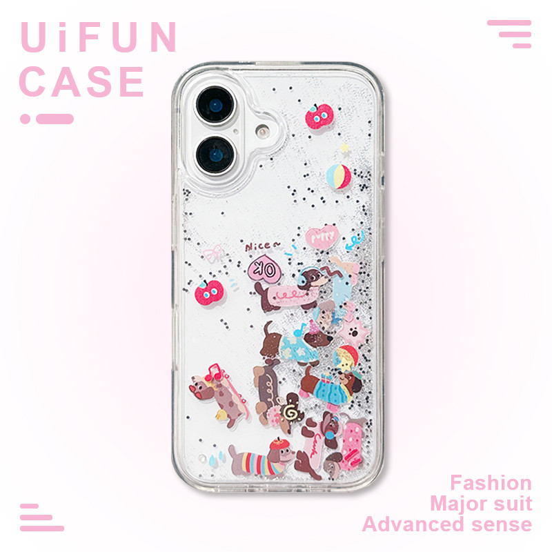 น่ารัก Apple Dachshund สุนัข Glitter Slider Quicksand เคสโทรศัพท์สําหรับ iPhone 16 15 14 13 12 Pro Max 11 16 PLUS Anti-scratch อะคริลิคปกหลัง Shell