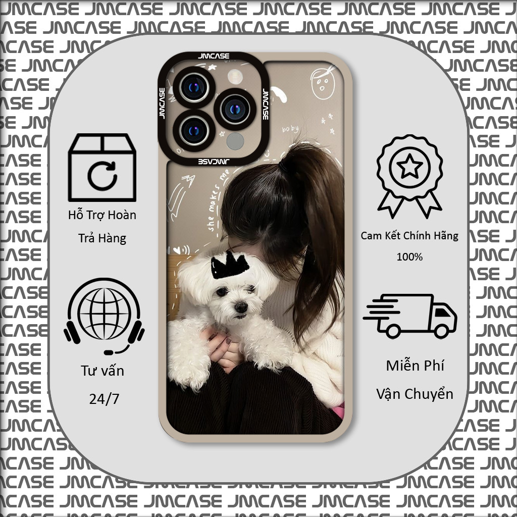 Samsung Xiaomi Oppo Square Edge iPhone Case Hidden Girl with Lovely White Puppy