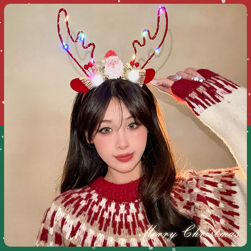 คริสต์มาสแถบคาดศีรษะเขากวางเรืองแสงผู้หญิง 2025 ใหม่คริสต์มาสหมวกกิ๊บหูกวางชุดที่คาดผมเครื่องประดับผม