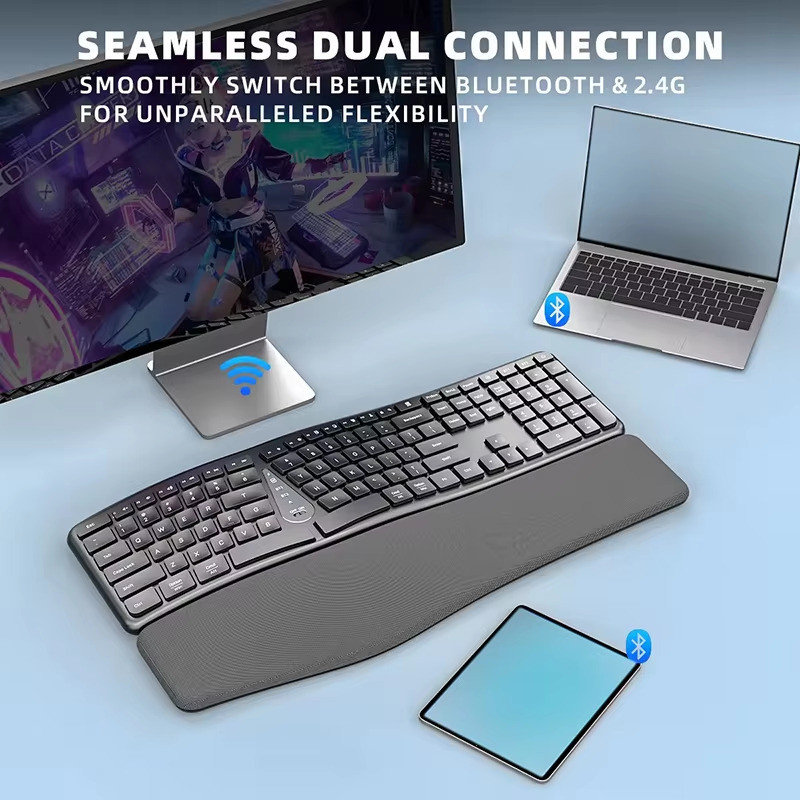 Ergonomic ไร้สายเงียบแยกคีย์บอร์ดเมาส์ Combo พร้อมที่วางข้อมือ BT Dual Mode คีย์บอร์ดชาร์จไร้สายสําหรับ Win7/8/10