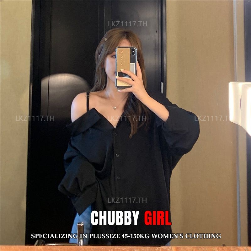 Plus size Shirt เสื้อสาวอวบอ้วน ไซส์ใหญ่ ผู้หญิง เสื้อปาดไหล่ ทรงหลวม แขนยาว สีดำ ฤดูร้อน สไตล์เกาหลีแฟชั่น