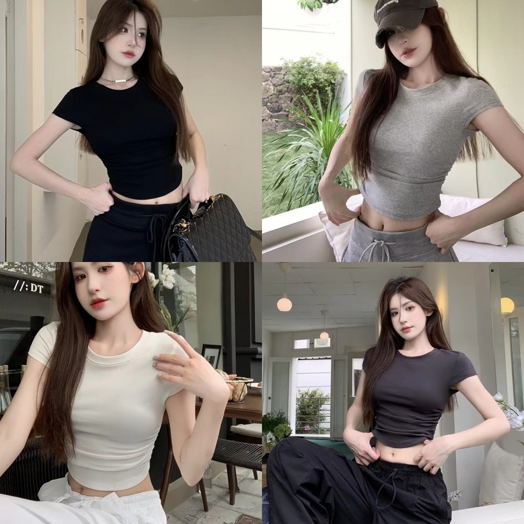 💜Bonnie💜​เสื้อยืดครอปแขนสั้น คอกลม น่ารักที่สุด ทรงรัดตัวสีพื้น ผ้าใส่สบาย สไตล์ลำลอง