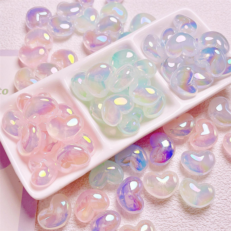 10 ชิ้น/เซ็ต 16X21 มม.สไตล์สุ่มอะคริลิค Luminous Jelly สี Fine Glitter Love ตรงหลุมลูกปัด Diy แฟชั่นอุปกรณ์เสริมหลวมลูกปัด