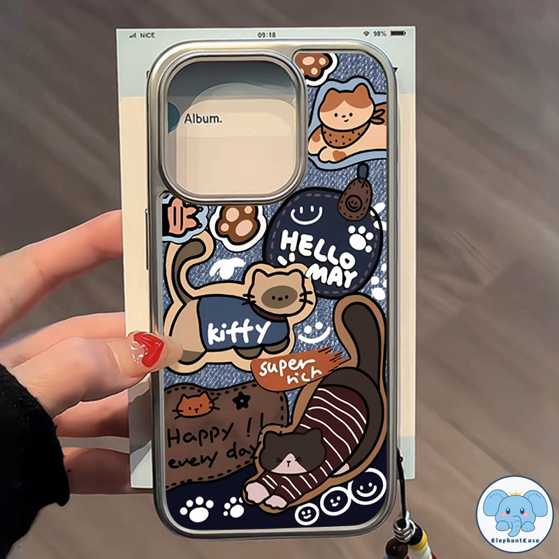 แมวการ์ตูนน่ารักวินเทจเข้ากันได้เคสไอโฟน XR 16 13 11 15 14 12 Pro Max 7 15 14 8 Plus XS X Max SE สร้อยข้อมือเคสกรอบชุบ