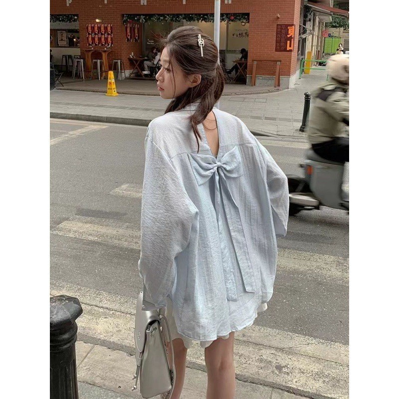 เสื้อโปโลคอปกลำลองหลวมชีฟองโบว์ตกแต่งเสื้อสตรีแขนยาว