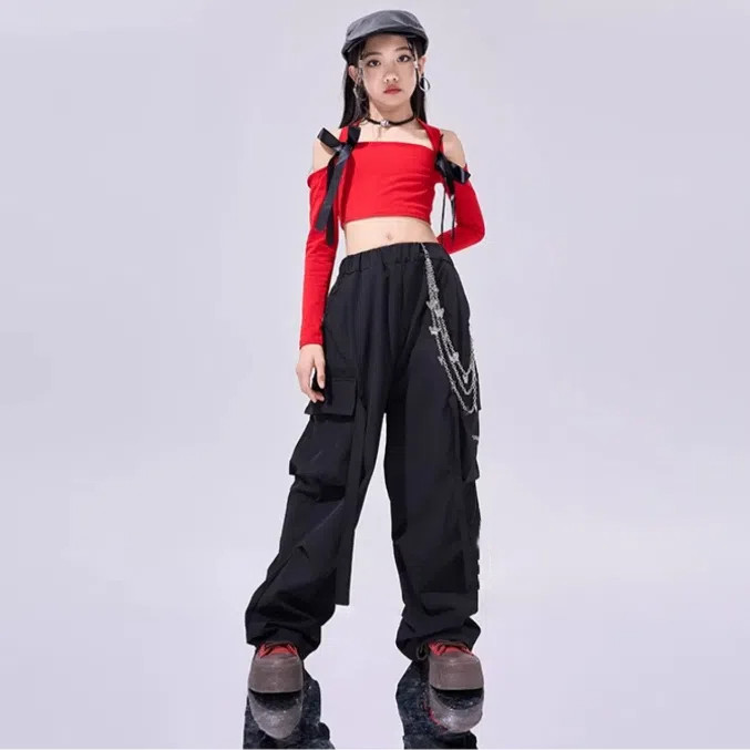 เครื่องแต่งกายการแสดงเทศกาลของเด็กผู้หญิง เสื้อผ้าคริสต์มาสสําหรับเด็กผู้หญิงชุดเต้นรําแจ๊สสาวเสื้อครอปสีแดงกับสะดือสัมผัสสําหรับเต้นรําฮิปฮอปชุดเต้นที่เร - รูปที่ 5
