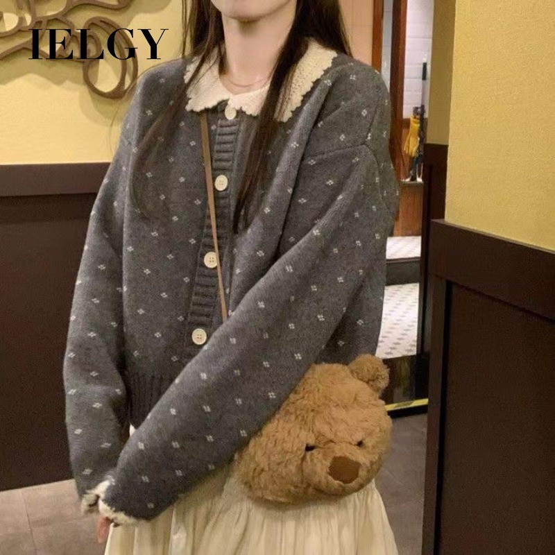 IELGY โครเชต์ปกถักคาร์ดิแกนผู้หญิงหวานตุ๊กตาลูกไม้เสื้อกันหนาวแจ็คเก็ต