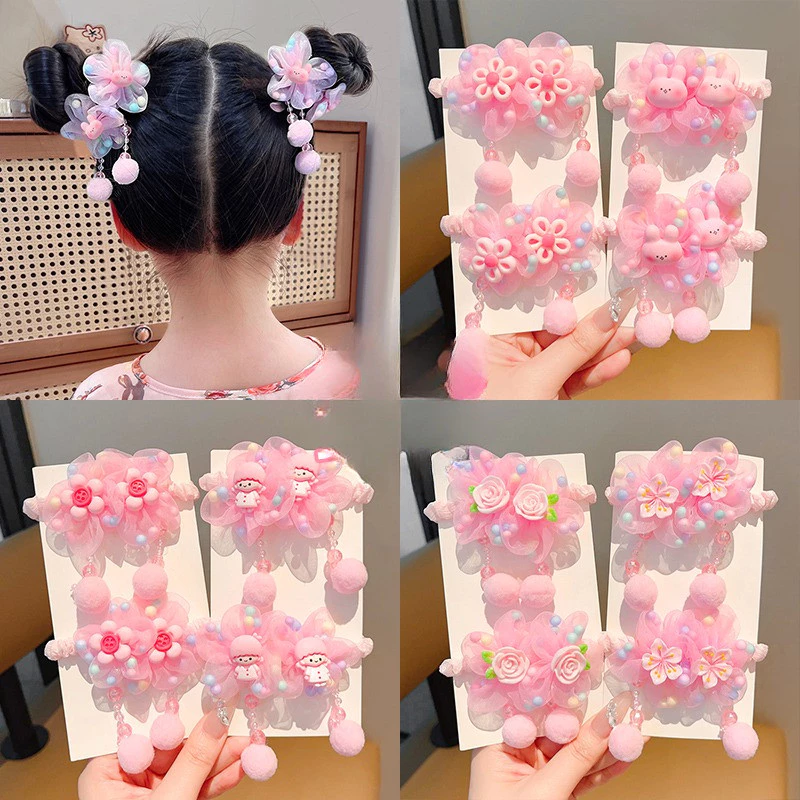 Dangle น่ารักดอกไม้สีชมพูผมผูกเชือกผม Scrunchies ยางผมหางม้าเครื่องประดับสําหรับเด็กเด็ก