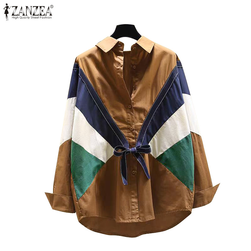 Zanzea เสื้อเชิ้ตแขนยาวลายเย็บปะติดปะต่อกันลําลองสตรีวินเทจ